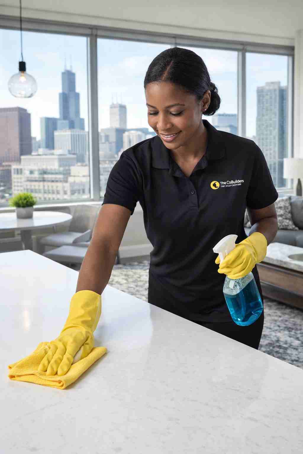 A professional apartment cleaner wiping down a countertop in a bright, modern Chicago apartment with large windows and a city skyline in the background