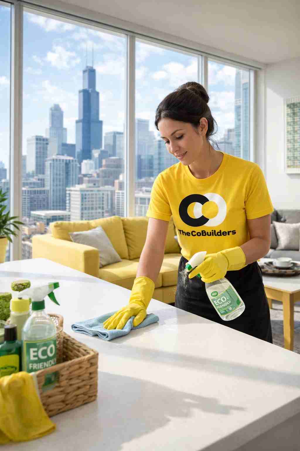Professional home cleaner in a bright Chicago apartment using eco-friendly cleaning products with the Chicago skyline visible through large windows