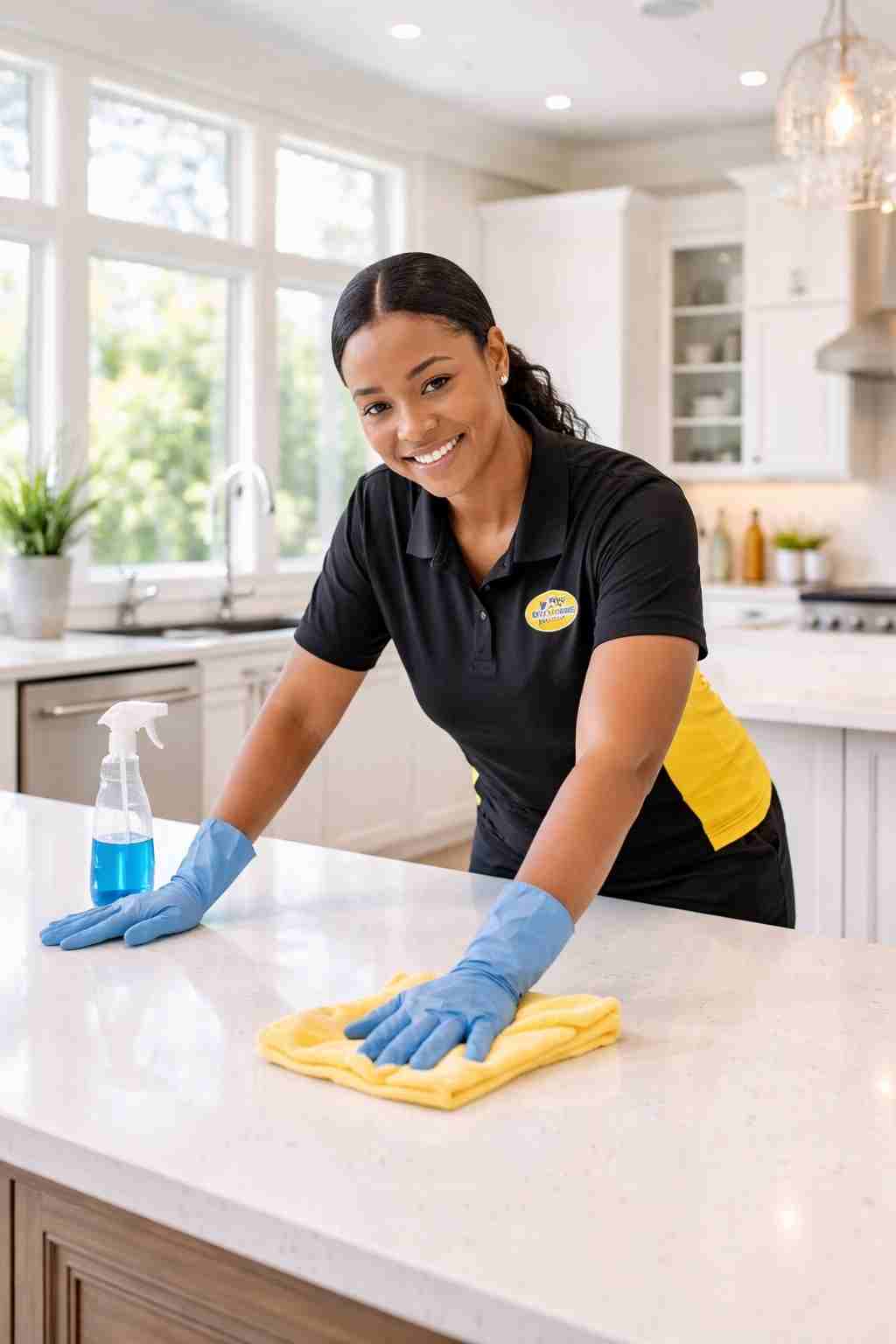 Professional cleaner wiping a white kitchen counter in a large Sugar Land, TX home with tall windows and bright natural light