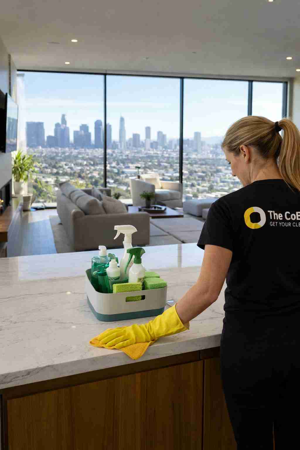 Professional home cleaner using eco-friendly supplies in a luxury Los Angeles home with city skyline views and modern interiors