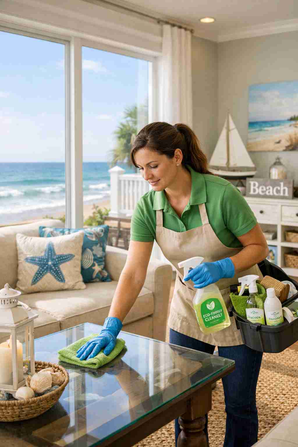 Professional cleaner using eco-friendly supplies in a coastal Myrtle Beach, SC home with large windows and beach-themed decor
