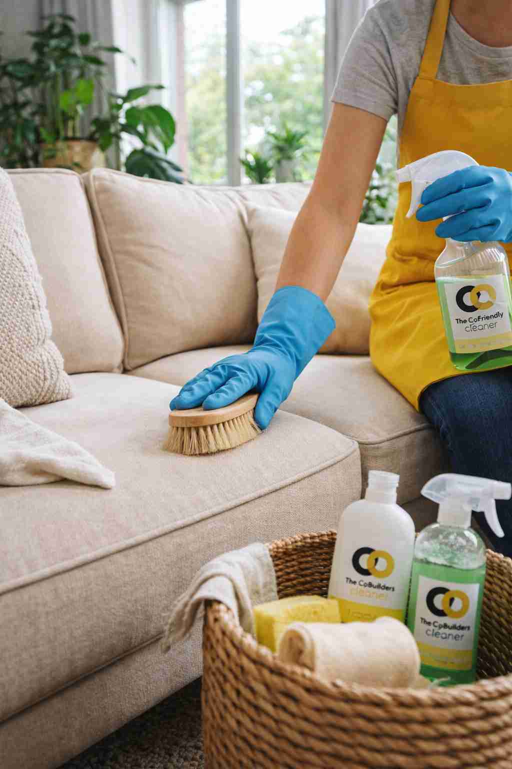 A person cleaning a modern beige fabric sofa with eco-friendly cleaning supplies in a cozy living room with large windows and indoor plants