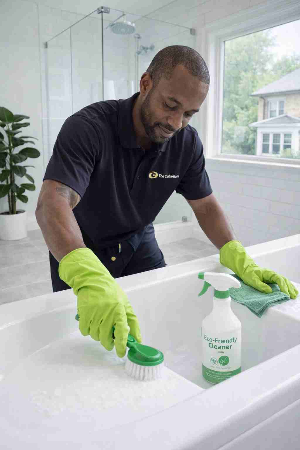A professional cleaner scrubbing a bright white bathroom in a modern Atlanta, GA home with eco-friendly supplies