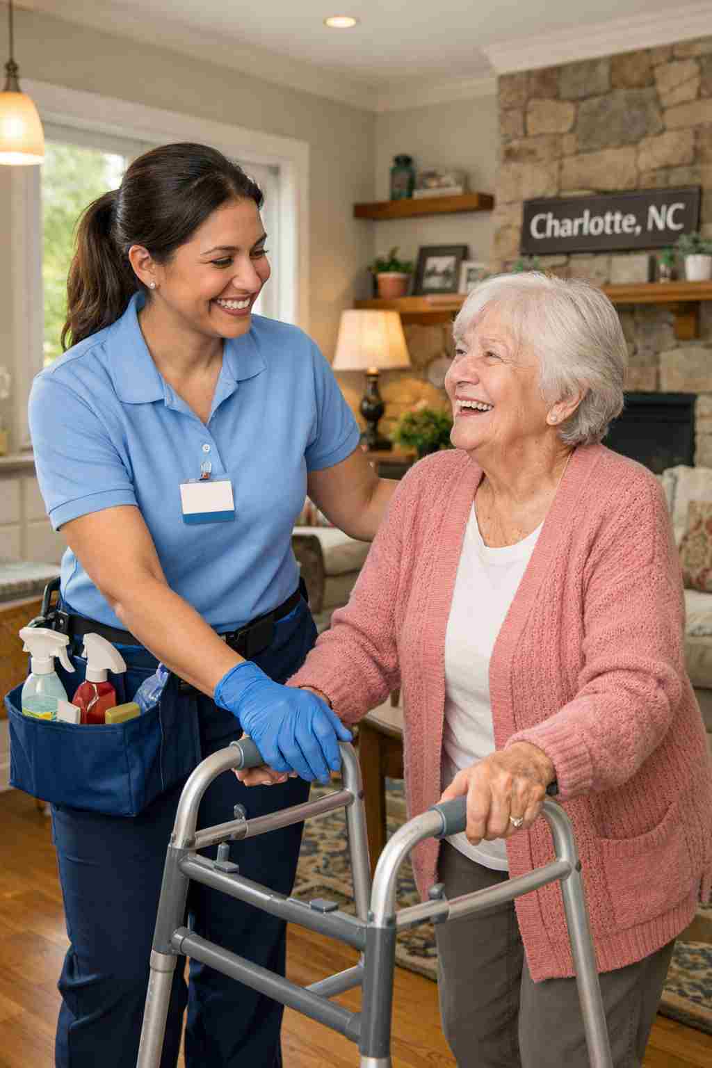 A friendly professional cleaner assisting a smiling senior woman in a cozy Charlotte, NC home, with natural light and tidy surroundings