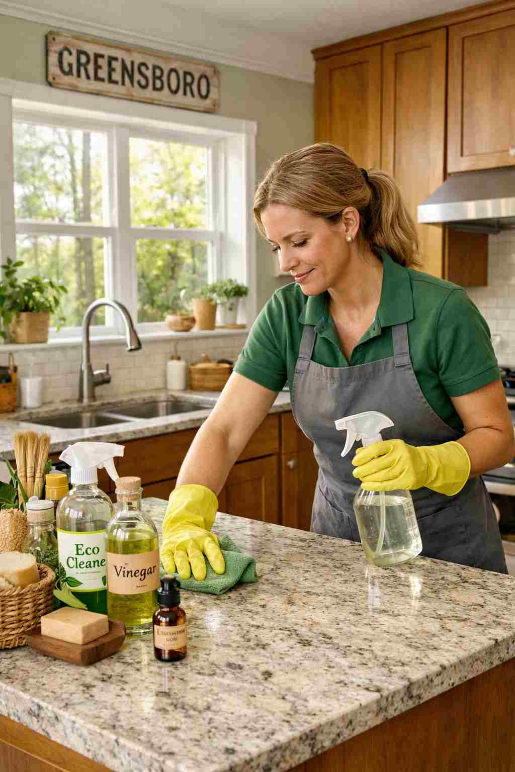 Professional house cleaner wiping down a kitchen in a cozy home in Greensboro, North Carolina, with natural light and eco-friendly supplies visible