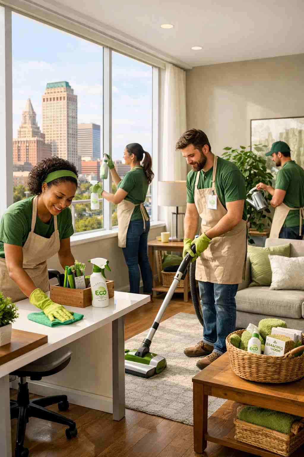 Professional cleaning team cleaning a modern Tulsa, Oklahoma office and residential living space using eco-friendly supplies with natural light