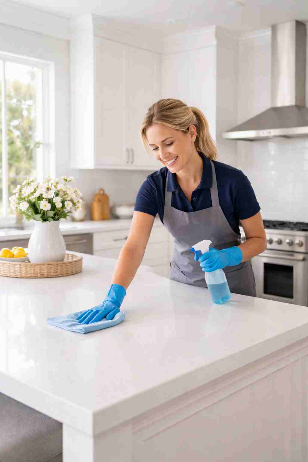 Professional house cleaner wiping down a modern kitchen in an Irvine, California home with bright natural light and minimalist decor