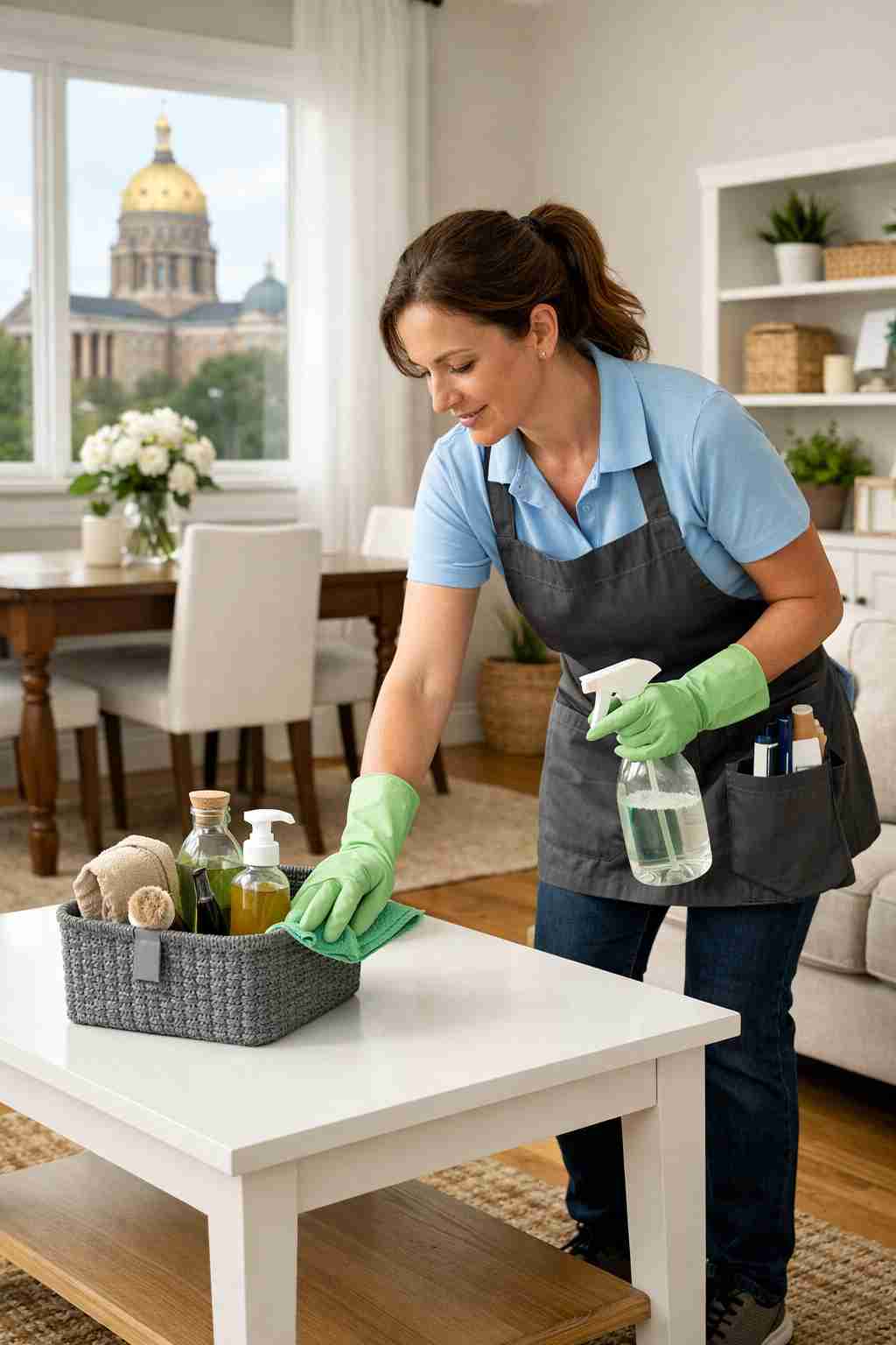 Professional house cleaner cleaning a bright Des Moines, Iowa home with hardwood floors, neutral decor, and eco-friendly cleaning supplies