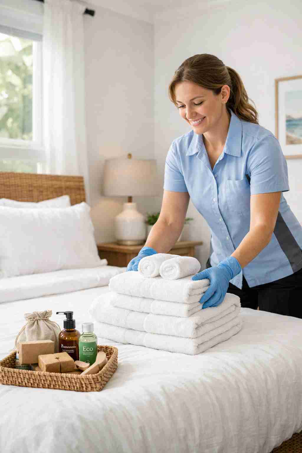 Professional cleaner prepping a vacation rental Airbnb bedroom with fresh linens, folded towels, and eco-friendly supplies in a bright, modern home