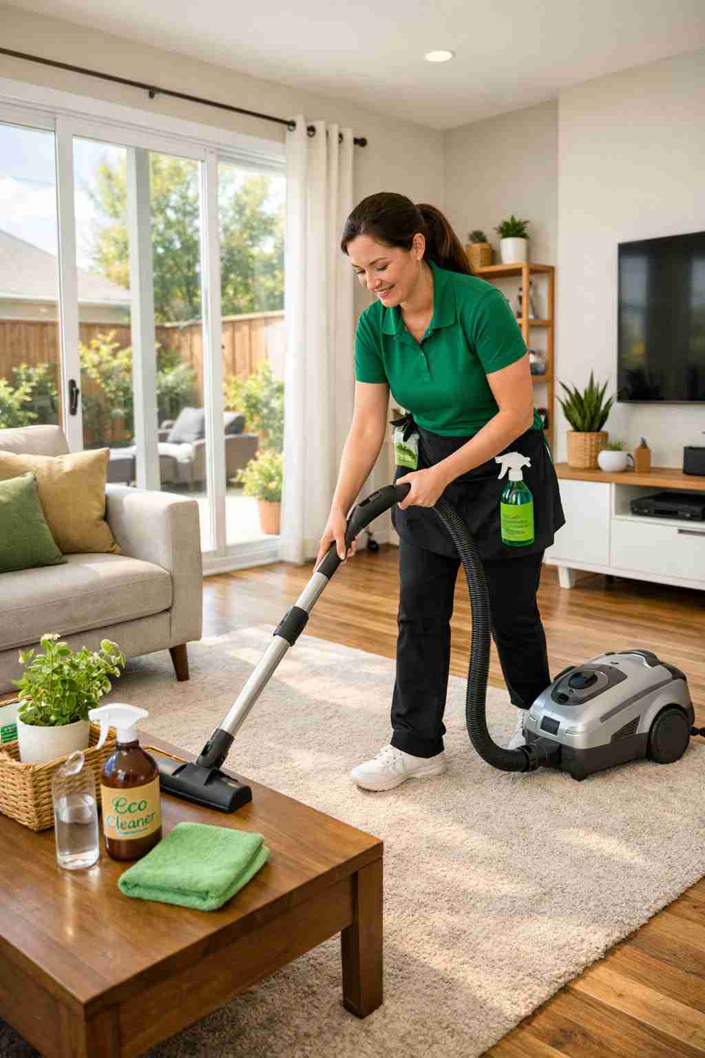 Professional house cleaner vacuuming a living room in a modern West Sacramento, California home with natural lighting and eco-friendly supplies
