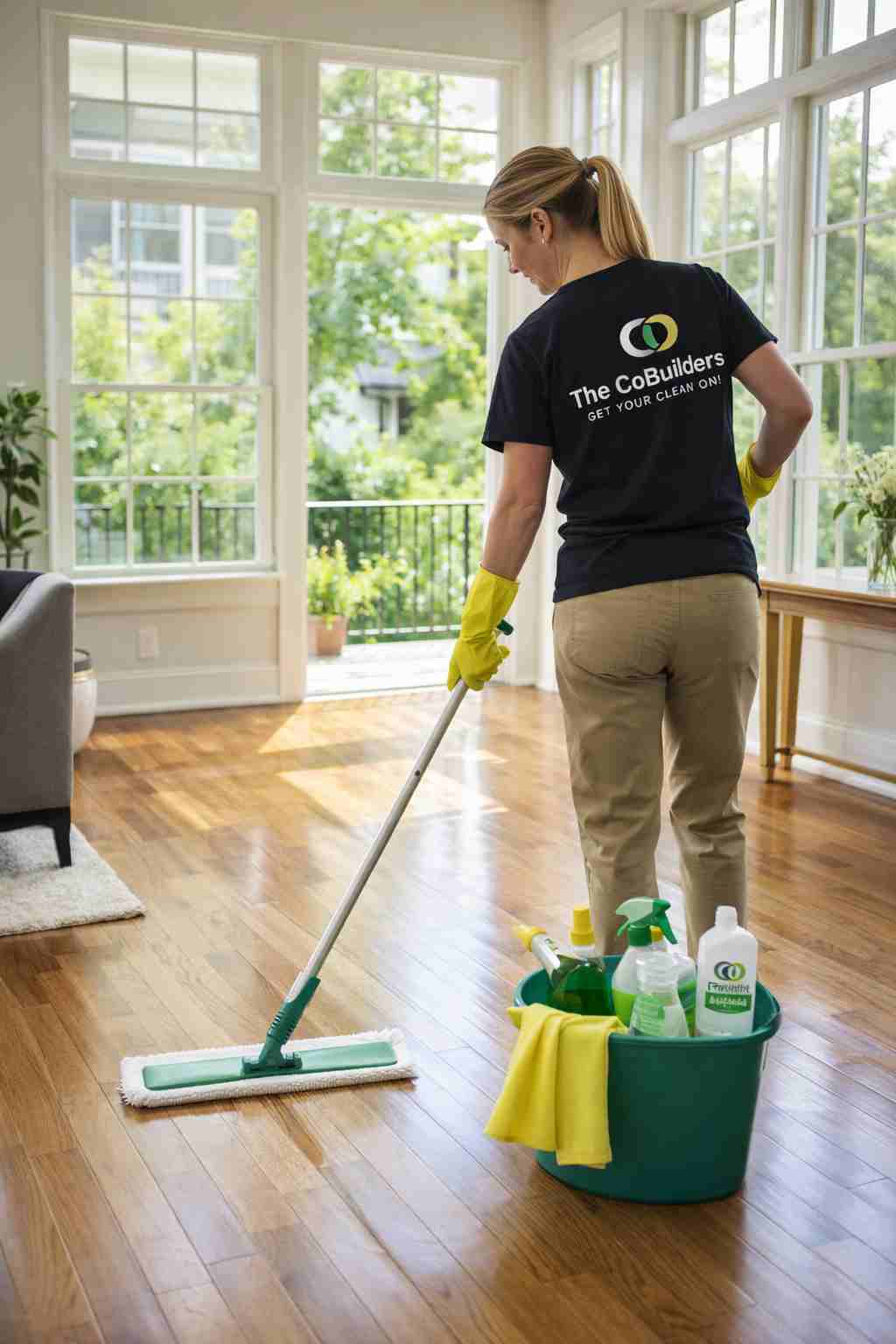 Professional house cleaner cleaning a bright Lexington, Kentucky home with hardwood floors, large windows, and eco-friendly cleaning supplies