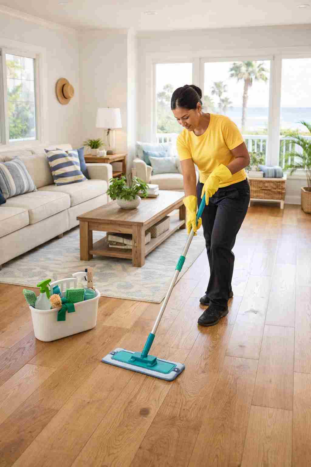 Professional house cleaner mopping hardwood floors in a bright Ventura, California home with coastal decor and eco-friendly cleaning supplies
