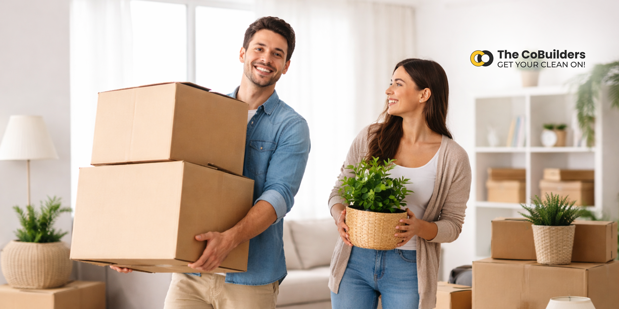 Person carrying moving boxes while relocating from home, surrounded by packed boxes in a bright living room, representing moving day and relocation process.