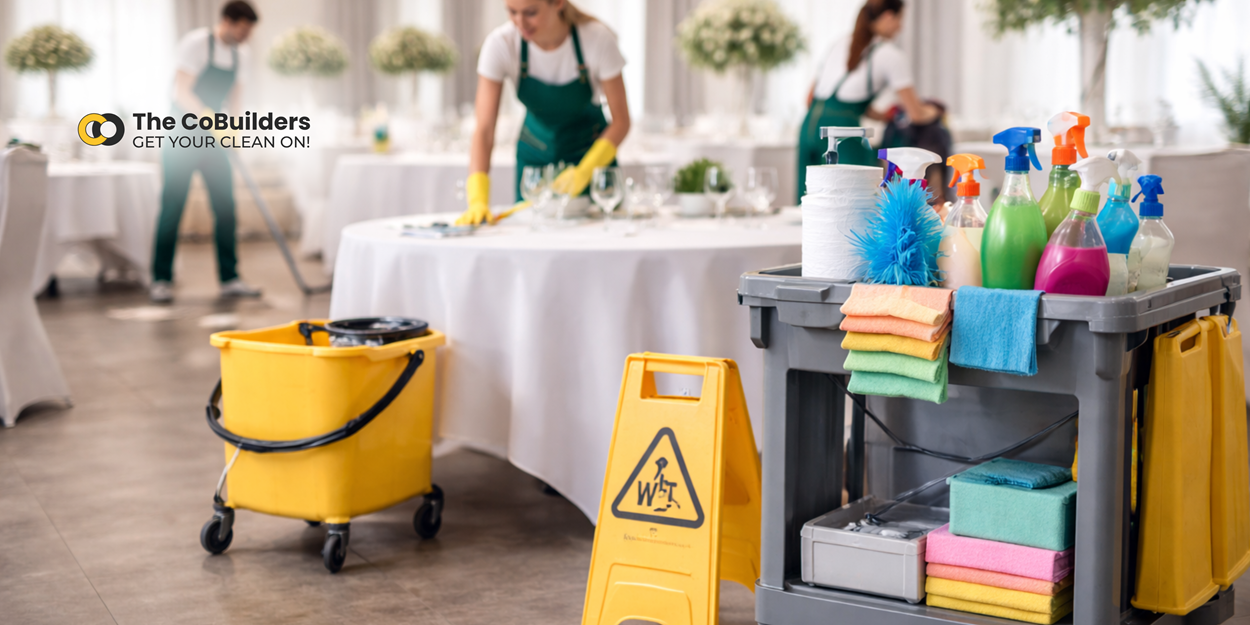 Professional cleaning crew preparing and cleaning a large event venue with tables, cleaning cart, and equipment, representing event cleanup and venue maintenance after an event.