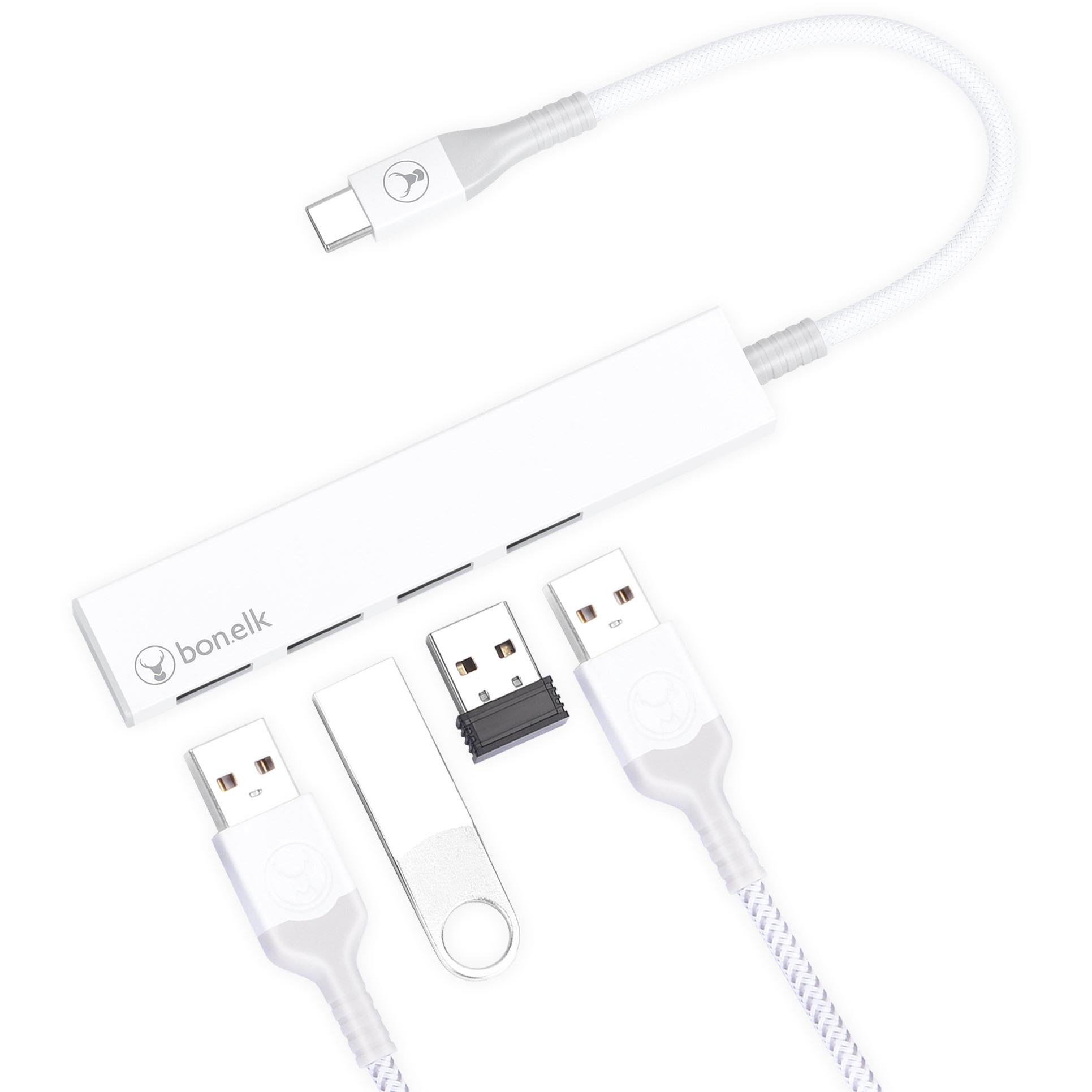 Bonelk Long-Life USB-C to 4 Port USB 3.0 Slim Hub (White)