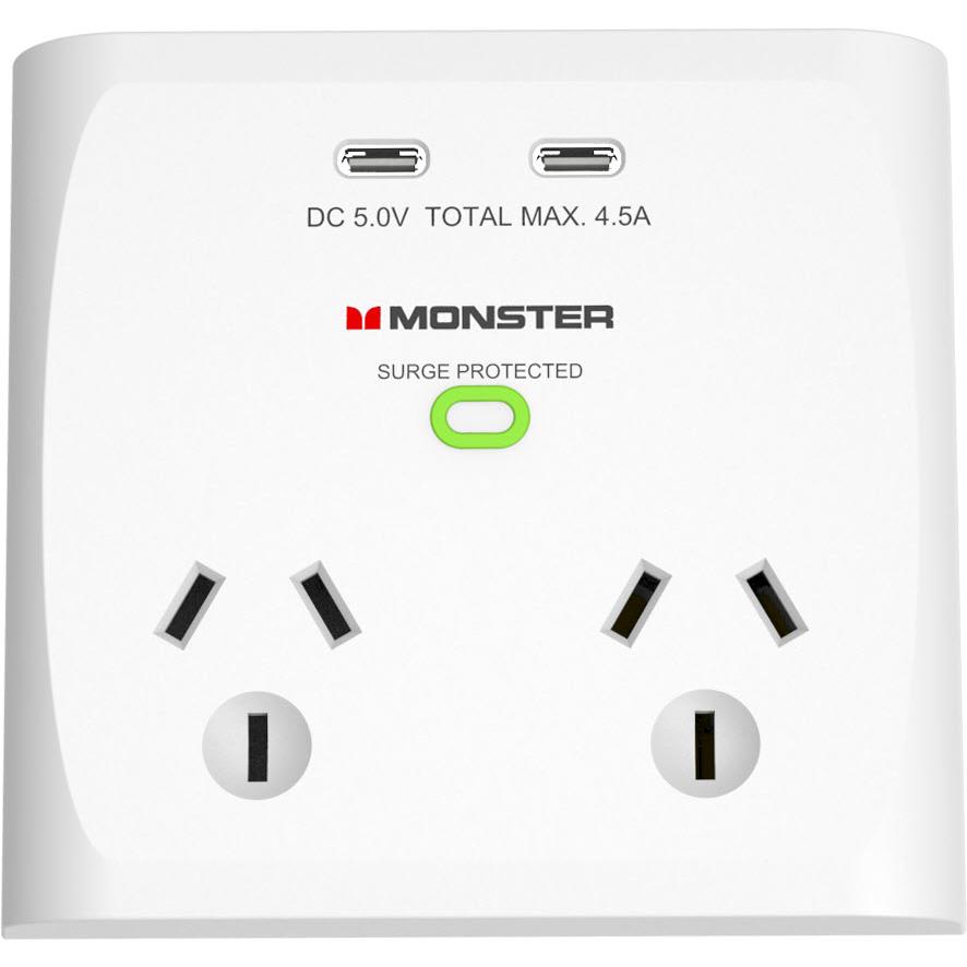 Monster 2 Socket Surge Protector with USB-C (White)