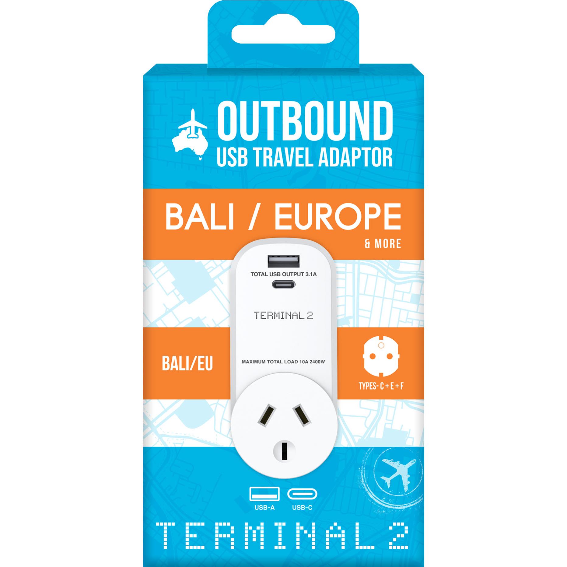 Terminal 2  Outbound Travel Adaptor with 2 USB 3.1 Ports (Europe & Bali)