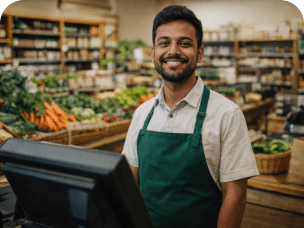 Atendente de hortifrúti sorrindo ao lado do caixa