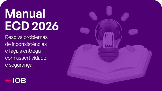 Capa do Manual ECD 2026 da IOB ilustrado com um livro aberto e uma lâmpada, simbolizando ideias.