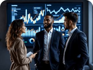 Grupo de 3 investidores conversa sobre gráficos