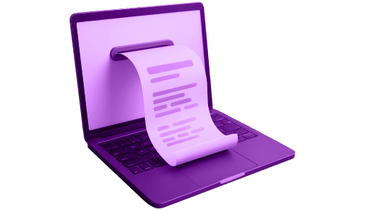 Ícone em 3D de nota fiscal eletrônica saindo da tela de um notebook
