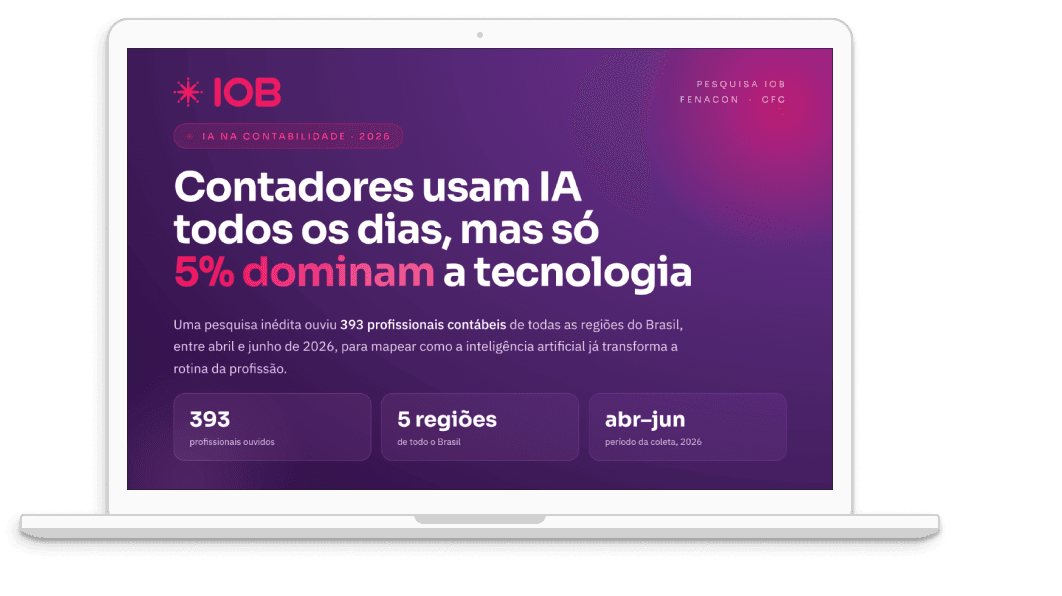 Infográfico da IOB “IA na Contabilidade” em um notebook 