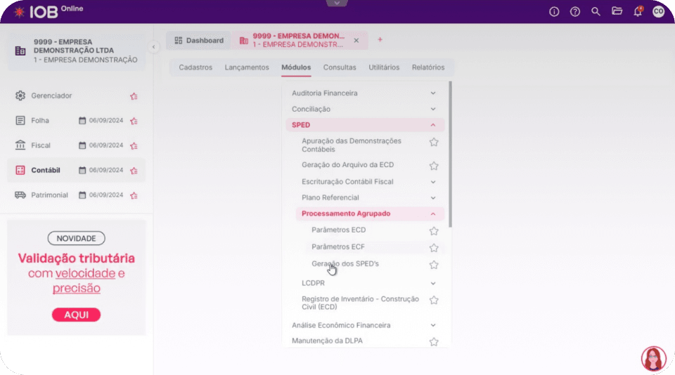 Tela da gestão de Sped multiempresa no sistema contábil IOB