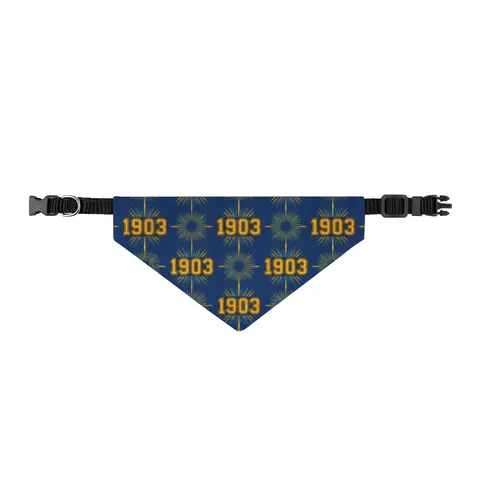 Albany State 1903 Blue & Gold Sunburst Clip-on Pet Bandana — front view