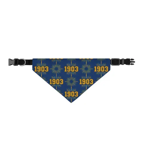 Albany State 1903 Blue & Gold Sunburst Clip-on Pet Bandana — front view