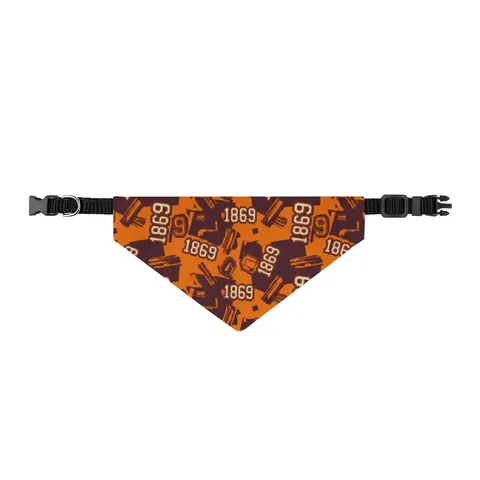 Claflin 1869 Orange & Maroon Clip-on Pet Bandana — front view