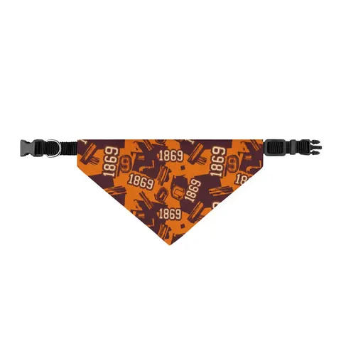 Claflin 1869 Orange & Maroon Clip-on Pet Bandana — front view