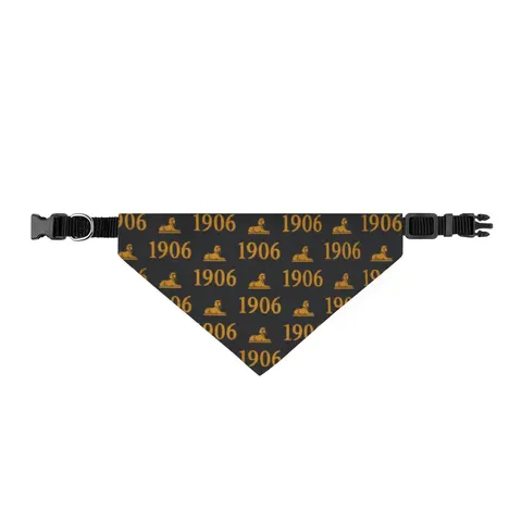 Alpha 1906 Black & Old Gold Clip-on Pet Bandana — front view