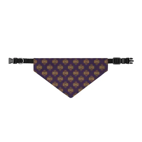 Omega 1911 Purple & Gold Glow Clip-on Pet Bandana — front view