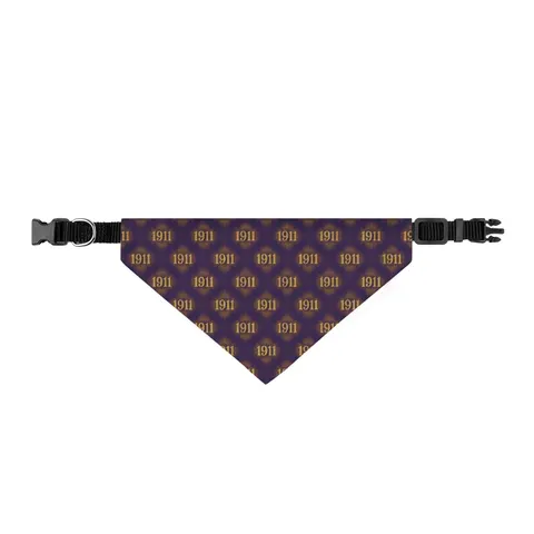 Omega 1911 Purple & Gold Glow Clip-on Pet Bandana — front view