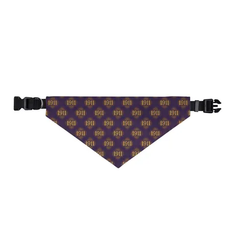 Omega 1911 Purple & Gold Glow Clip-on Pet Bandana — front view
