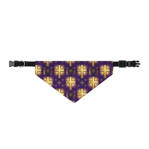 Faith Flag Praise Purple & Gold Cross Clip-on Pet Bandana — front view
