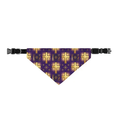 Faith Flag Praise Purple & Gold Cross Clip-on Pet Bandana — front view