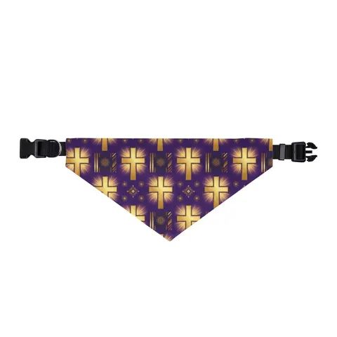 Faith Flag Praise Purple & Gold Cross Clip-on Pet Bandana — front view