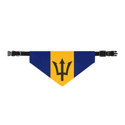 Barbados Blue Gold Trident Clip-on Pet Bandana — front view