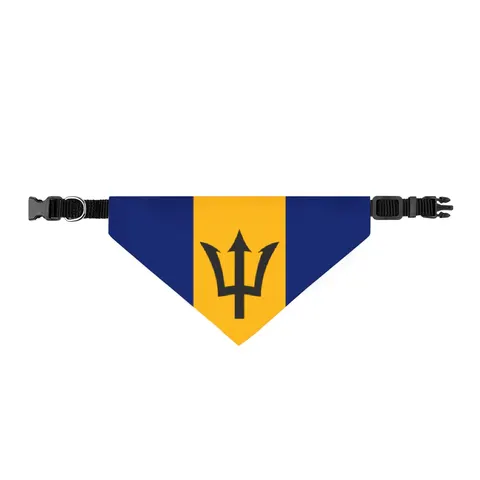 Barbados Blue Gold Trident Clip-on Pet Bandana — front view