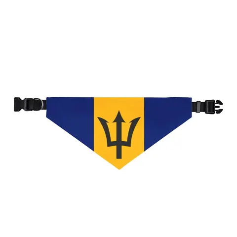 Barbados Blue Gold Trident Clip-on Pet Bandana — front view