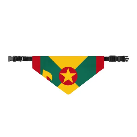 Grenada Red Green Gold Pattern Clip-on Pet Bandana — front view
