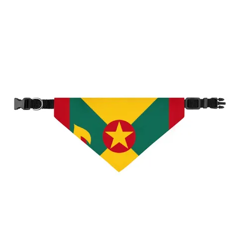 Grenada Red Green Gold Pattern Clip-on Pet Bandana — front view