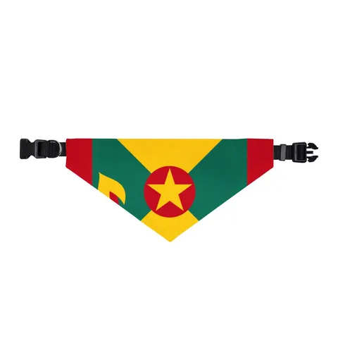 Grenada Red Green Gold Pattern Clip-on Pet Bandana — front view