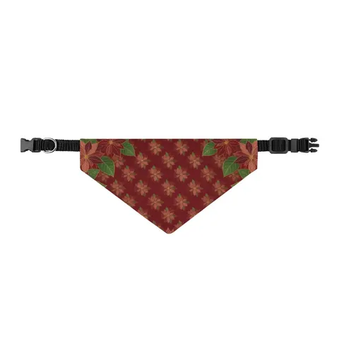 Holiday Poinsettia & Gold Leaves Clip-on Pet Bandana — front view