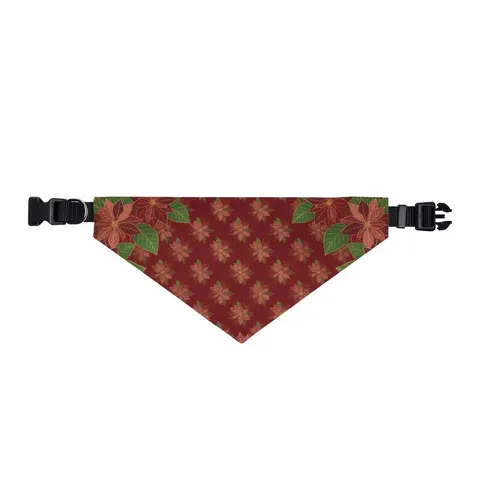 Holiday Poinsettia & Gold Leaves Clip-on Pet Bandana — front view