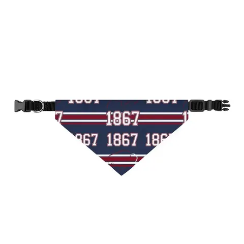 Howard 1867 Navy & Crimson Clip-on Pet Bandana — front view