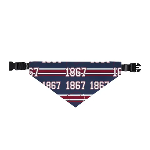 Howard 1867 Navy & Crimson Clip-on Pet Bandana — front view