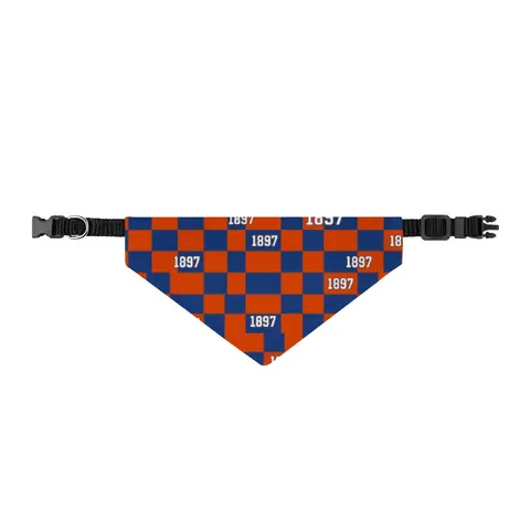 Langston 1897 Orange & Blue Clip-on Pet Bandana — front view