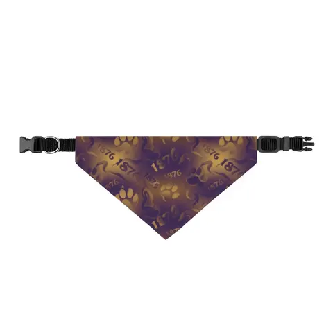 Prairie View 1876 Purple & Gold Clip-on Pet Bandana — front view